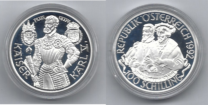  SZAIVERT ÖSTERREICH 2. REPUBLIK MILLENIUMSSERIE 100 SCHILLING 1992 KARL V.   