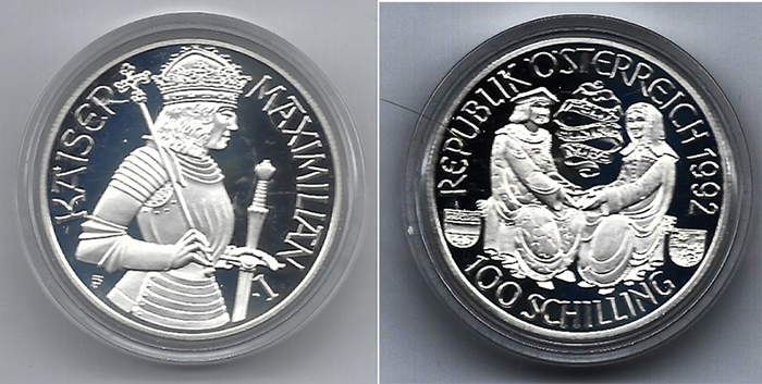  SZAIVERT ÖSTERREICH 2. REPUBLIK MILLENIUMSSERIE 100 SCHILLING 1992 MAXIMILIAN I.   