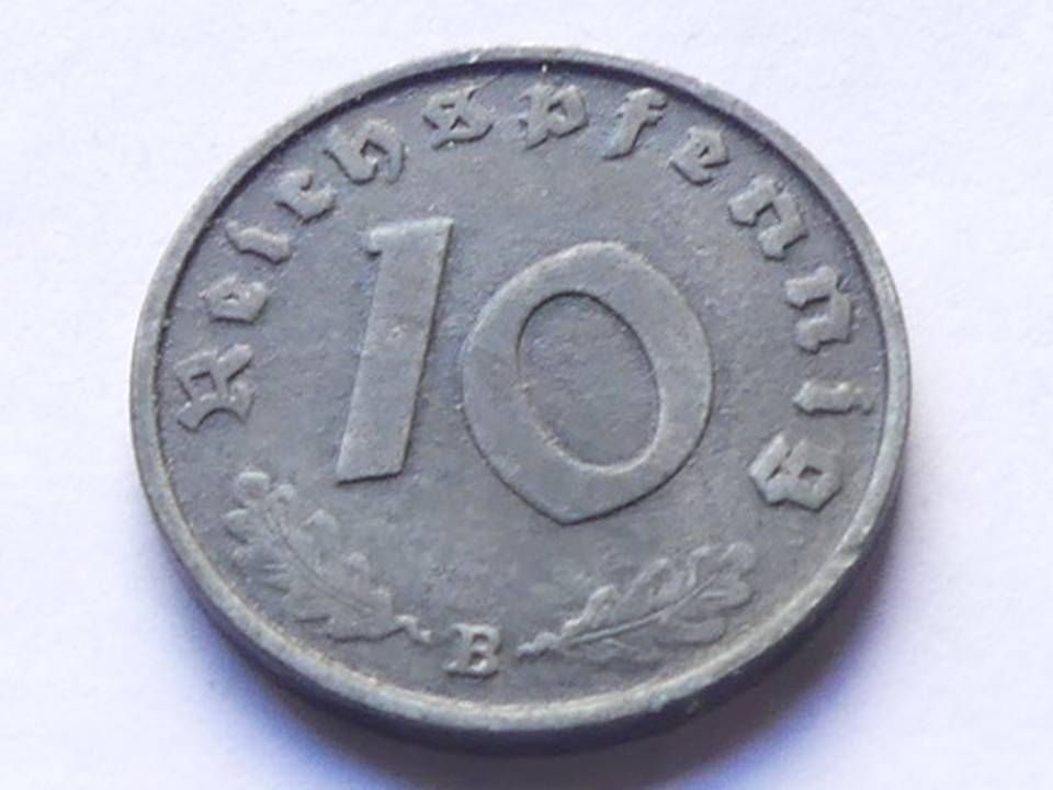  Deutschland Weimarer Republik 10 Pfennig 1942 B, seltener Jahrgang   