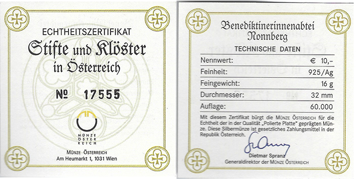  SZAIVERT 2. REPUBLIK ÖSTERREICH 10 EURO 2006 STIFT NONNBERG OVP POLIERTE PLATTE ZERTIFIKAT   