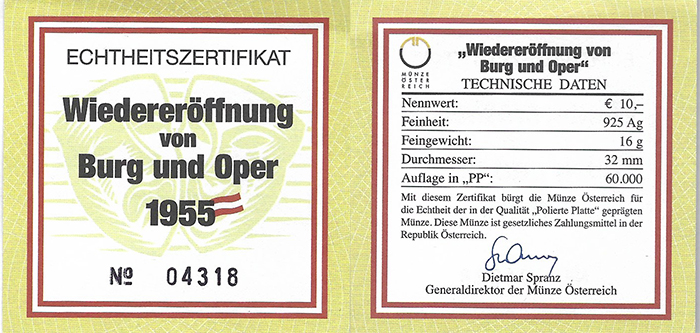  SZAIVERT 2. REPUBLIK ÖSTERREICH 10 EURO 2005 BURG UND OPER OVP POLIERTE PLATTE ZERTIFIKAT   