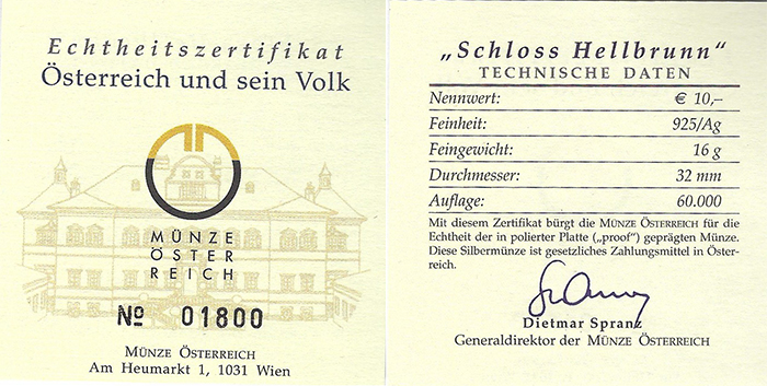  SZAIVERT 2. REPUBLIK ÖSTERREICH 10 EURO 2004 SCHLOSS HELLBRUNN OVP POLIERTE PLATTE ZERTIFIKAT   