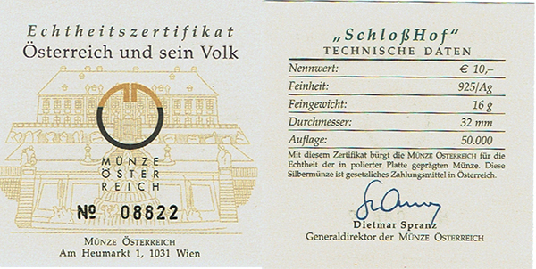  SZAIVERT 2. REPUBLIK ÖSTERREICH 10 EURO 2003 SCHLOSSHOF OVP POLIERTE PLATTE ZERTIFIKAT   