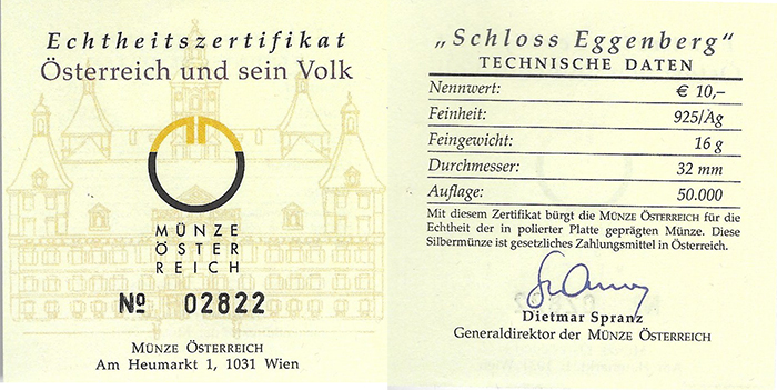  SZAIVERT 2. REPUBLIK ÖSTERREICH 10 EURO 2002 SCHLOSS EGGENBERG OVP POLIERTE PLATTE ZERTIFIKAT   