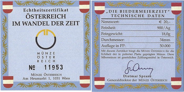  SZAIVERT 2. REPUBLIK ÖSTERREICH 20 EURO 2003 BIEDERMEIERZEIT OVP POLIERTE PLATTE ZERTIFIKAT   