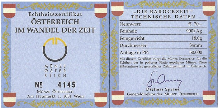  SZAIVERT 2. REPUBLIK ÖSTERREICH 20 EURO 2002 BAROCKZEIT OVP POLIERTE PLATTE ZERTIFIKAT   