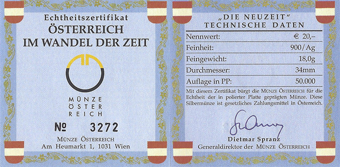  SZAIVERT 2. REPUBLIK ÖSTERREICH 20 EURO 2002 DIE NEUZEIT OVP POLIERTE PLATTE ZERTIFIKAT   