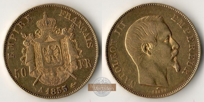 Frankreich MM-Frankfurt Feingold: 14,52g 50 Francs 1855 A 