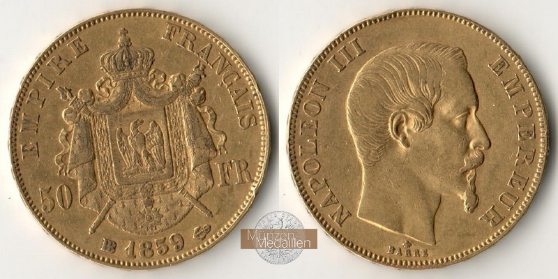 Frankreich MM-Frankfurt Feingold: 14,52g 50 Francs 1859 A 