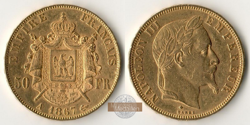 Frankreich MM-Frankfurt Feingold: 14,52g 50 Francs 1867 A 