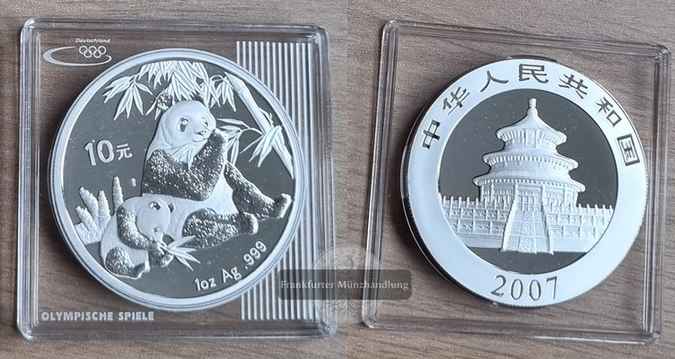  China, 10 Yuan 2007 Panda mit Jungtier  FM-Frankfurt Feinsilber: 31,1g pp   