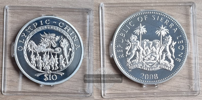  Sierra Leone  10 Dollar  2008 Olympische Spiele 2008  FM-Frankfurt  Feingewicht: 26,16g Silber vz/pp   