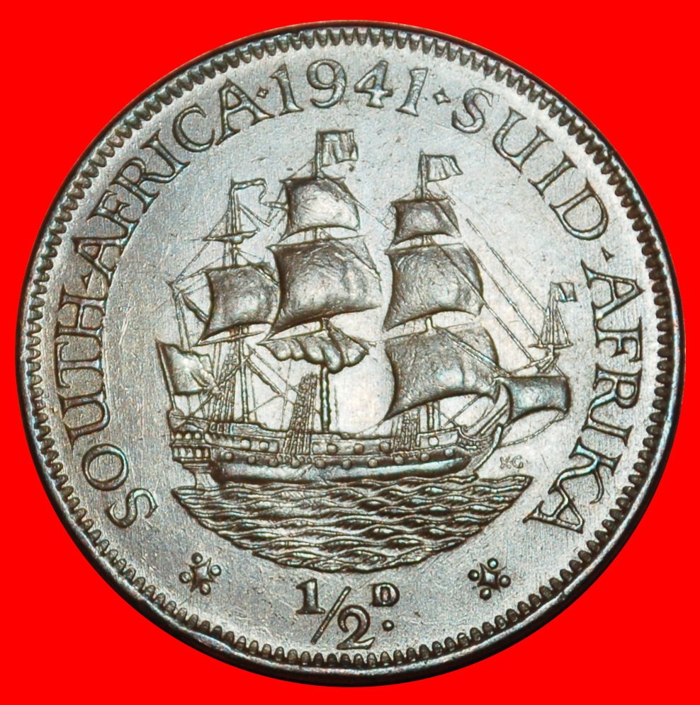  Ⰶ MET INDIEN (1937-1947): SÜDAFRIKA ★ 1/2 PENNY 1941 SCHIFF KRIEGSZEIT (1939-1945)! ★OHNE VORBEHALT!   