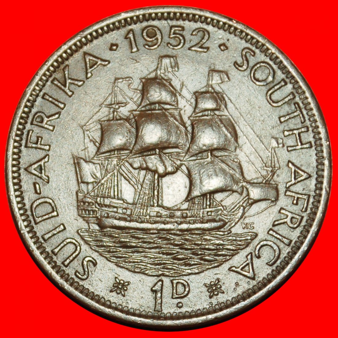  Ⰶ OHNE INDIEN (1948-1952): SÜDAFRIKA ★ 1 PENNY 1952 SCHIFF! GEORG VI. (1937-1952)★OHNE VORBEHALT!   