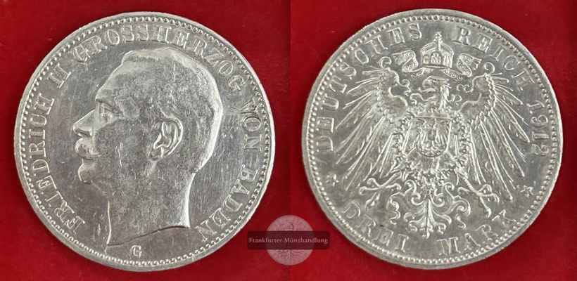  Deutsches Kaiserreich, Baden  3 Mark  1912 G  Friedrich II. 1907-1918  FM-Frankfurt Feinsilber: 15g   