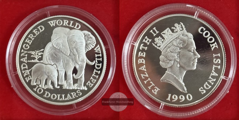  Cook Island 10 Dollar 1990  Gefährdete Tierwelt - Elefanten FM-Frankfurt Feinsilber: 9,25   