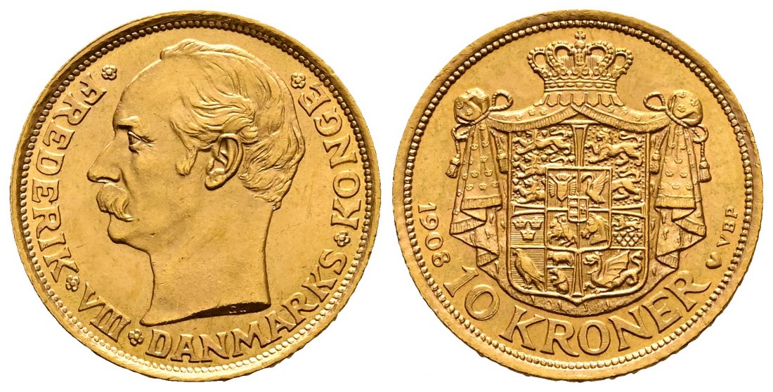 PEUS 2229 Dänemark 4,03 g Feingold. Herz= Kopenhagen Friedrich VIII. (1906 - 1912) 10 Kronen GOLD 1908 VBP Kl. Kratzer, Vorzüglich +