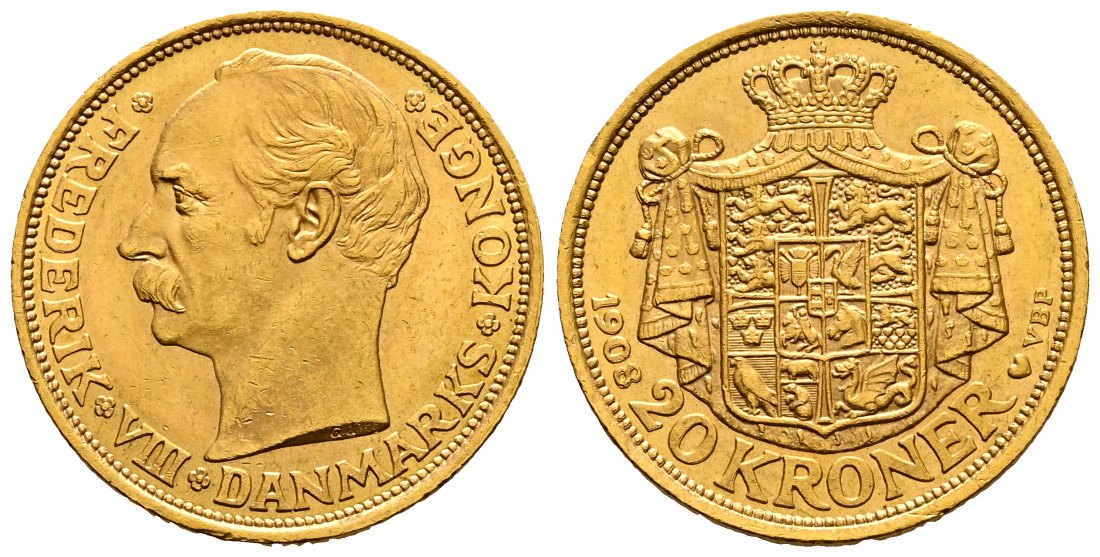 PEUS 2230 Dänemark 8,06 g Feingold. Friedrich VIII. (1906 - 1912) 20 Kronen GOLD 1908 VBP Kl. Kratzer, vorzüglich