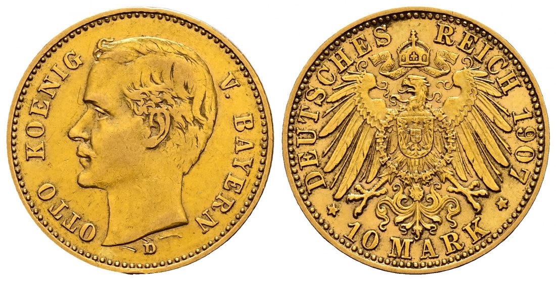 PEUS 2231 Kaiserreich - Bayern 3,58 g Feingold. Otto (1886 - 1913) 10 Mark GOLD 1907 D München Kratzer, Sehr schön