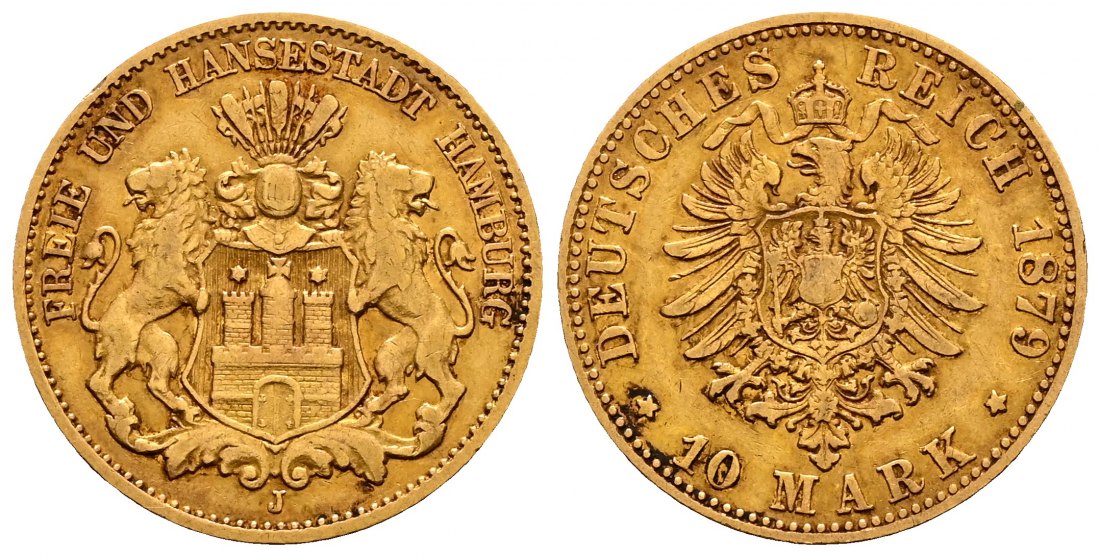 PEUS 2233 Kaiserreich - Hamburg 3,58 g Feingold. 10 Mark GOLD 1879 J Sehr schön