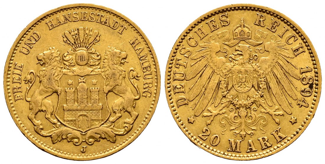 PEUS 2234 Kaiserreich - Hamburg 7,16 g Feingold. Stadtwappen 20 Mark GOLD 1894 J Sehr schön