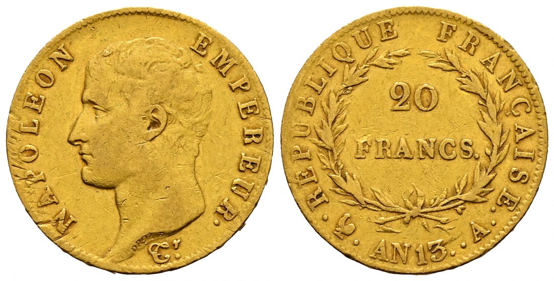 PEUS 2239 Frankreich, Kaiserreich 5,81 g Feingold. Napoleon I. (1804-1815) 20 Francs GOLD 1804-5 AN 13A Fast Sehr schön