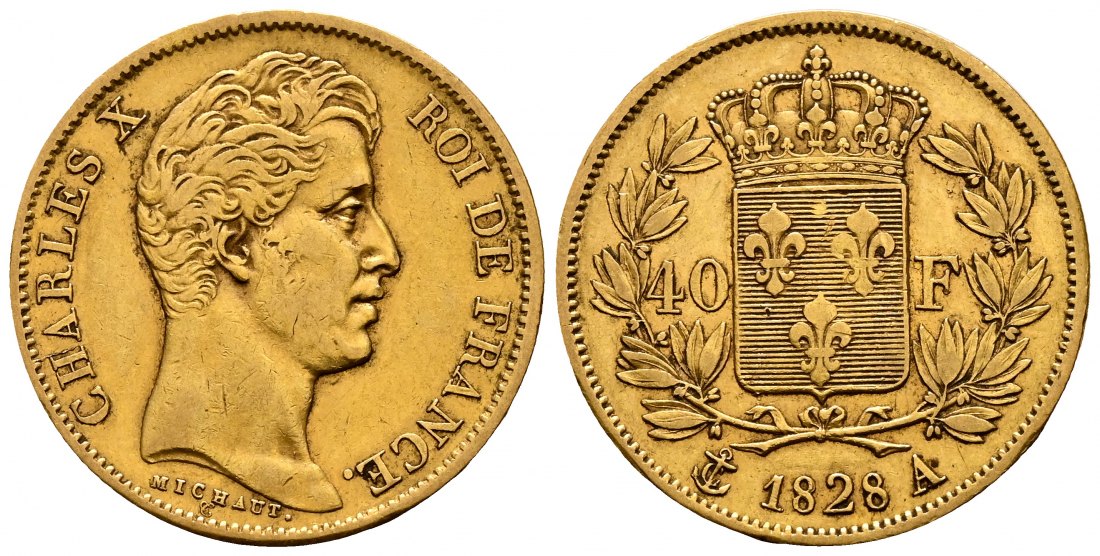 PEUS 2240 Frankreich 11,61 g Feingold. Karl X. (1824 - 1830) 40 Francs GOLD 1828 A Paris Kratzer, Sehr schön