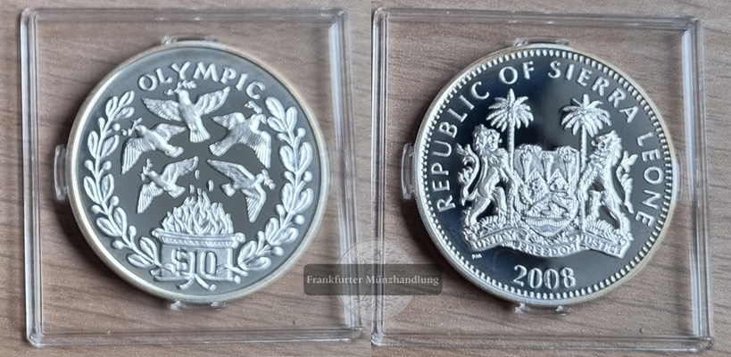  Sierra Leone  10 Dollar  2008 Olympische Spiele 2008  FM-Frankfurt  Feingewicht: 26,16g Silber vz/pp   