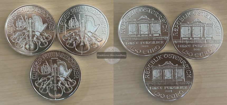  Österreich 3x 1,5 Euro 2021  Wiener Philharmoniker  FM-Frankfurt Feinsilber: 93,3g   