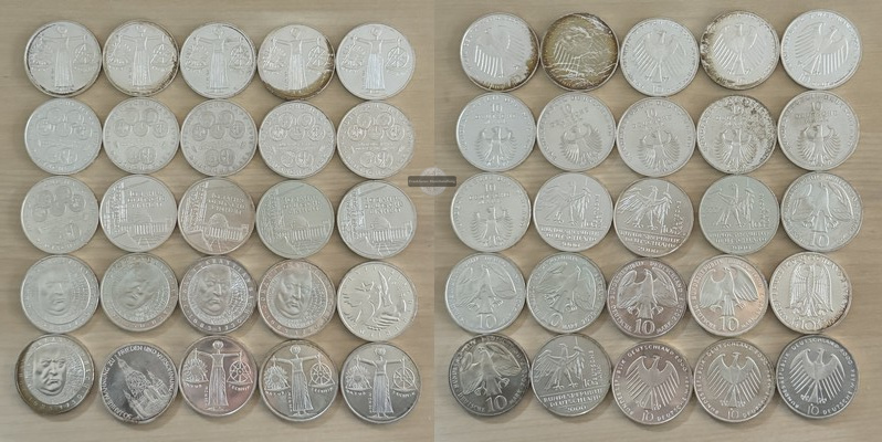  Deutschland 25 x 10 DM PP verschiedene Jgg.(Gedenkmünzen) FM-Frankfurt Feinsilber: 358,25g   