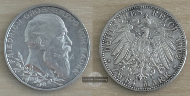  Kaiserreich, Baden  2 Mark  1902 Friedrich I. 1856-1907   FM-Frankfurt   Feinsilber: 10g   