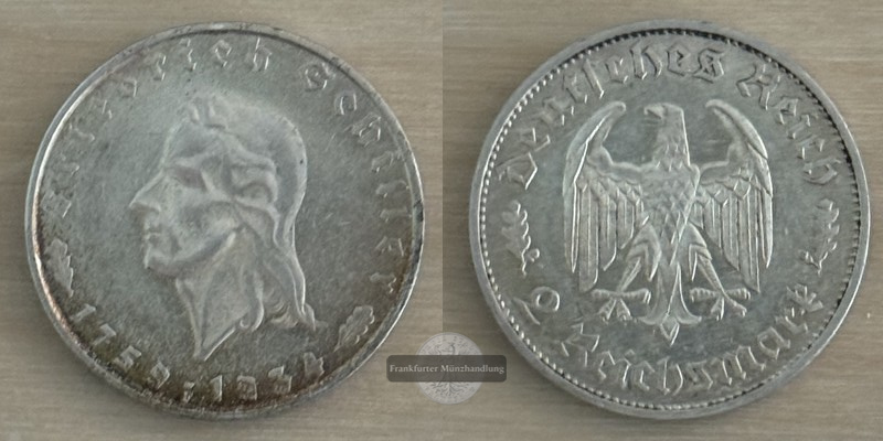  Deutschland, Drittes Reich.  2 Reichsmark 1934 175. Geburtstag Schiller  FM-Frankfurt  Feinsilber:5g   