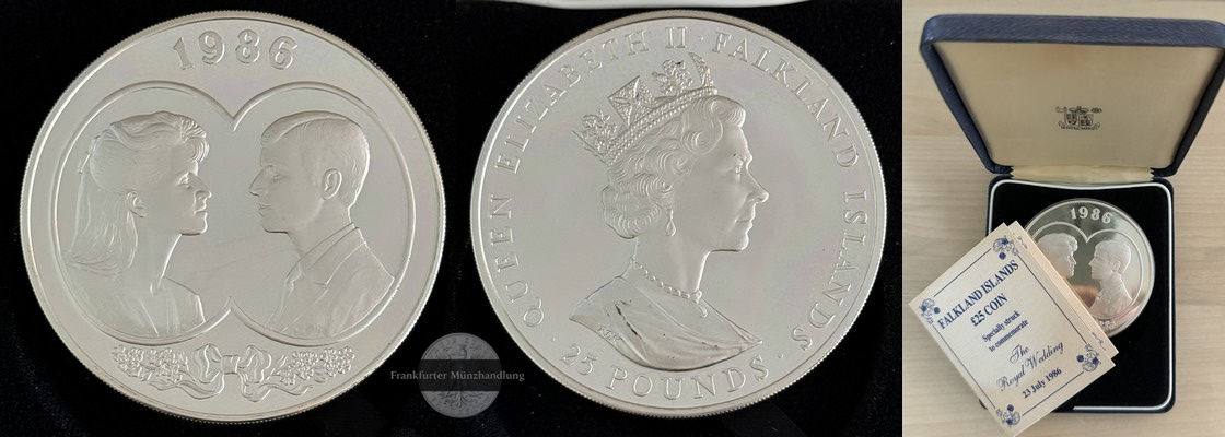  Falkland Inseln  25 Pfund 1986 Hochzeit von Prinz Andrew und Lady  FM-Frankfurt  Feinsilber: 138,75g   