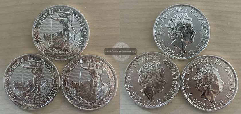  Großbritannien. 3x 2 Pounds 2022 Britannia  FM-Frankfurt  Feinsilber: 93g   