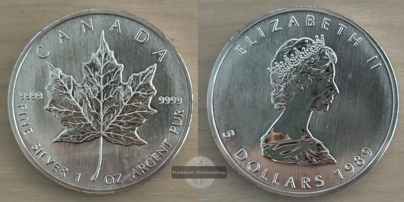  Kanada  5 Dollar  1989  Maple Leaf   FM-Frankfurt   Feinsilber: 31,1g   