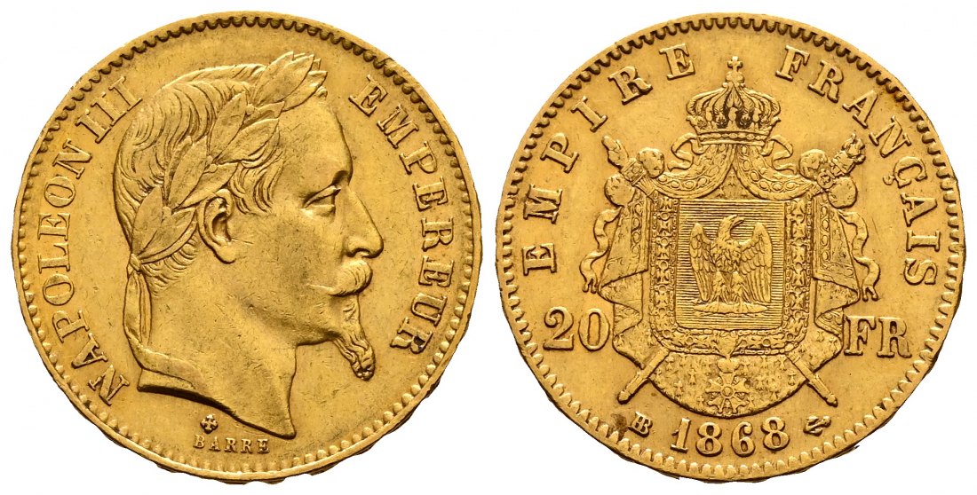 PEUS 2243 Frankreich 5,81 g Feingold. Napoleon III. (1852-1870) 20 Francs GOLD 1868 BB Straßbur Sehr schön +