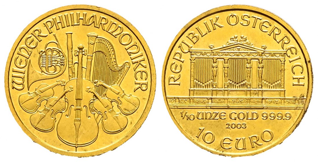 PEUS 2244 Österreich 3,11 g Feingold. Philharmoniker 10 Euro GOLD 1/10 Unze 2003 Uncirculated