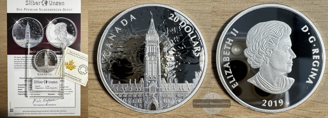  Kanada 20 Dollars 2019 - Die Lichter des Parlaments - FM-Frankfurt   Feinsilber: 31,39g - PP   