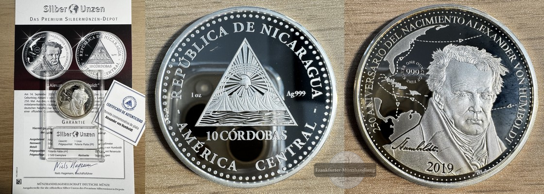  Nicaragua 10 Cordobas 2019 - Alexander von Humboldt - FM-Frankfurt Feinsilber: 31,39g - PP   