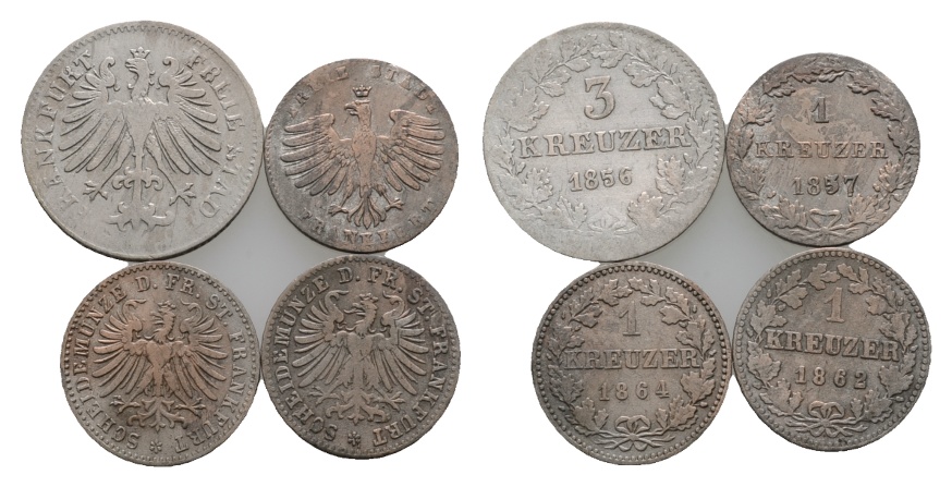  Altdeutschland; Frankfurt; 4 Kleinmünzen 1856 / 1837 / 1864 / 1862   