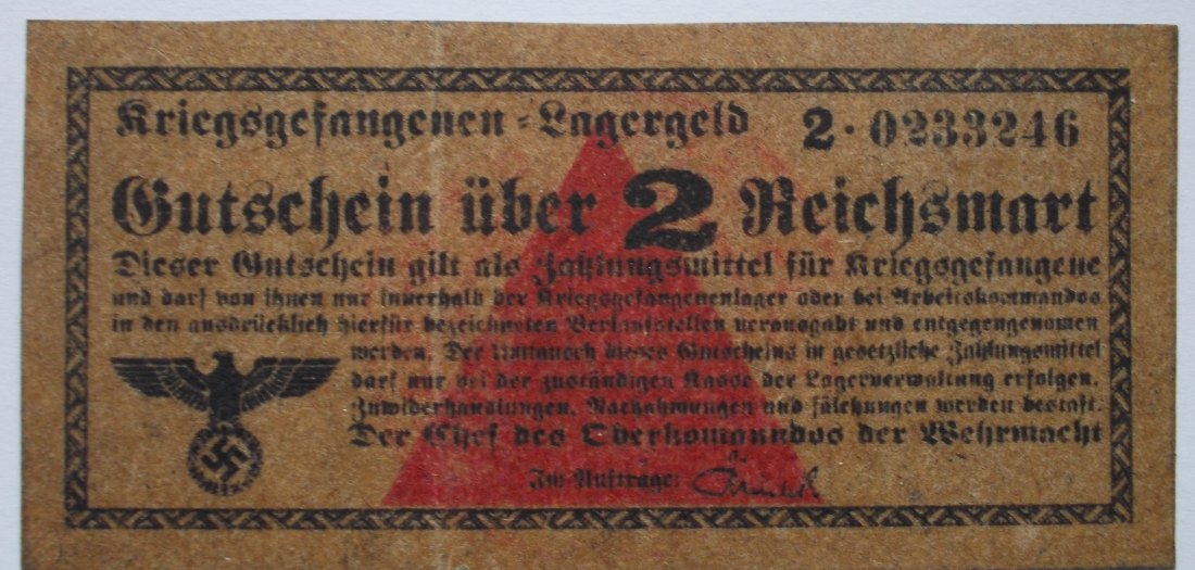  Drittes Reich 2 Reichsmark Gutschein der deutschen Kriegsgefangenenlager 1939-1945   