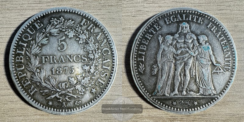  Frankreich  5 Francs  1875 A  Hercules FM-Frankfurt  Feinsilber: 22,5g SS [#820]   