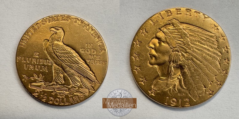 USA. 2.5 Dollar MM-Frankfurt Feingewicht: 3,76g Quarter Eagle - Indian Head 1912 