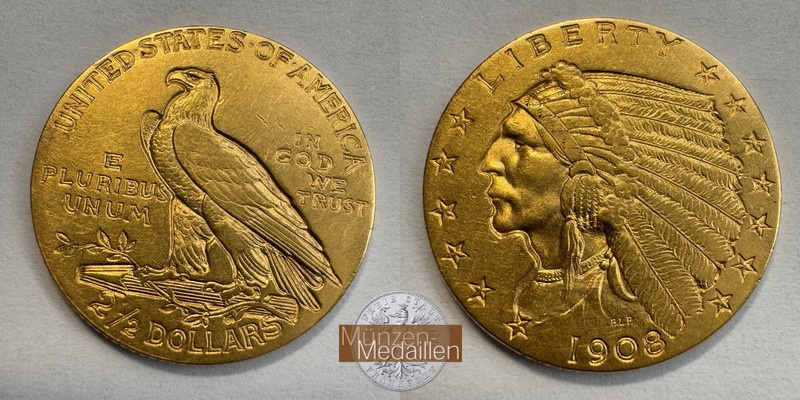 USA. 2.5 Dollar MM-Frankfurt Feingewicht: 3,76g Quarter Eagle - Indian Head 1908 