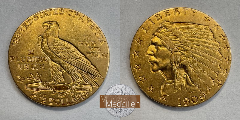 USA. 2.5 Dollar MM-Frankfurt Feingewicht: 3,76g Quarter Eagle - Indian Head 1909 