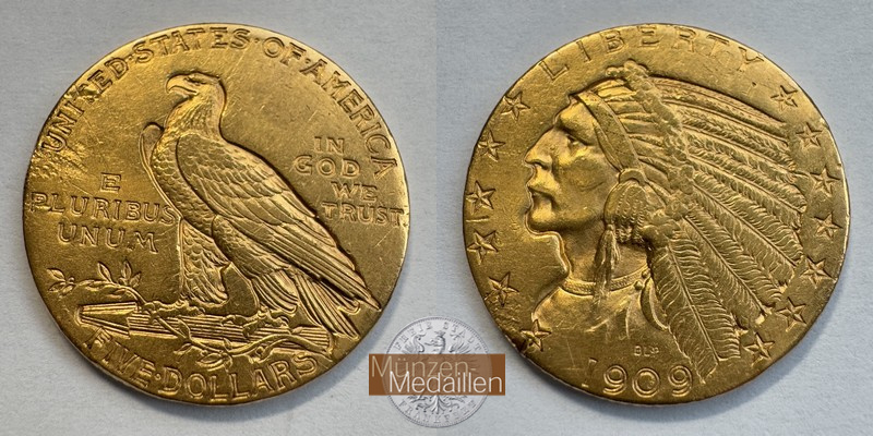 USA  5 Dollar MM-Frankfurt   Feingold: 7,52g Half Eagle - Indian Head 1909 