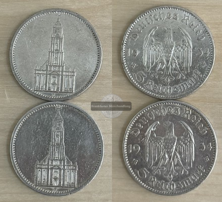  Drittes Reich 2 x 5 Reichsmark GK ohne Datum  FM-Frankfurt  Feinsilber: 2 x 12,50g, zus. 25g   