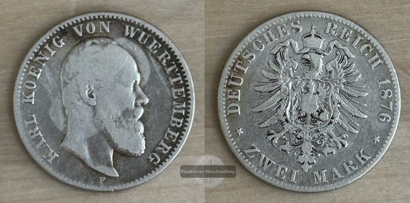  Würtemberg, Kaiserreich  2 Mark  1876 F  FM-Frankfurt Feingewicht: 10g Silber   