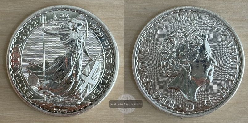  Großbritannien.  2 Pounds 2022 Britannia  FM-Frankfurt  Feinsilber: 31g   