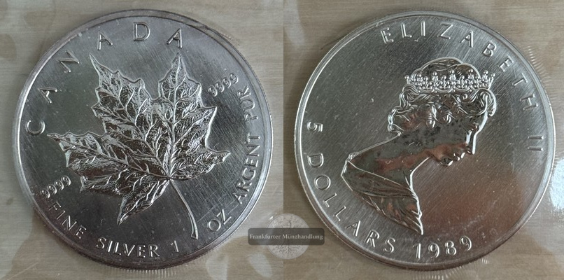  Kanada  5 Dollar 1989 Maple Leaf   FM-Frankfurt    Feinsilber: 31g   